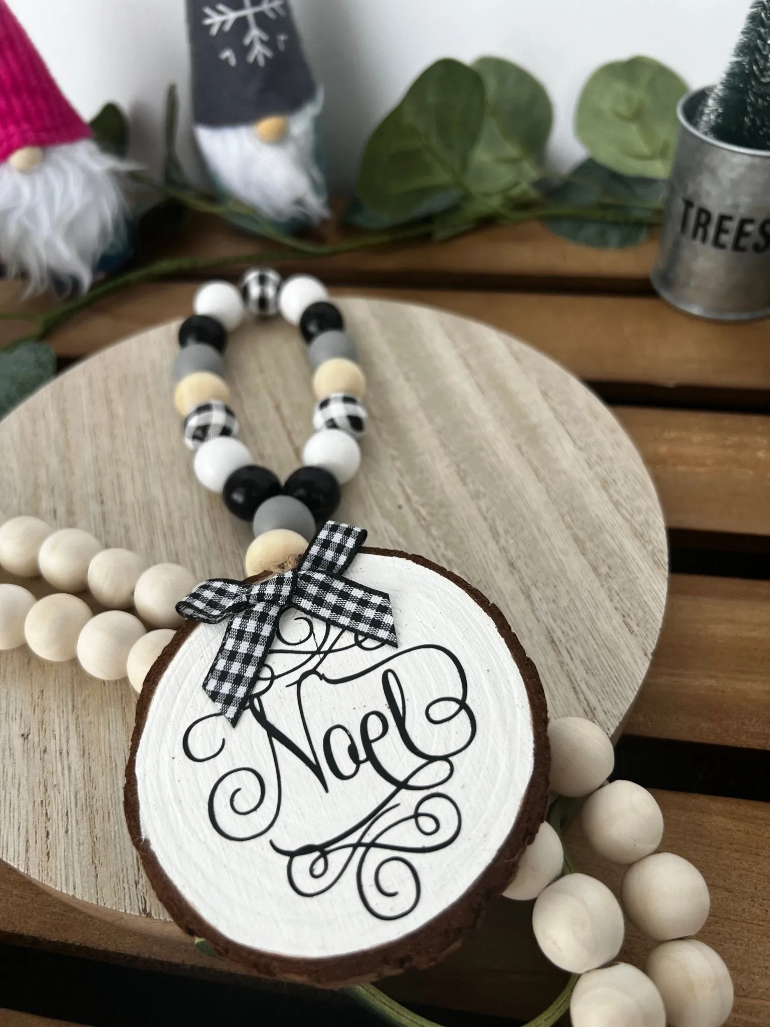 Handcrafted Wine Bottle Hang Tag with Wood Bead - Peace, Joy or Noel