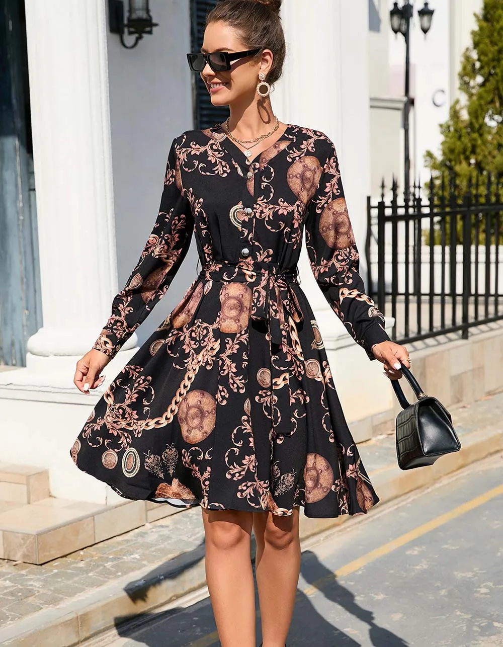 Paisley Printed V Neck Long Sleeve Ruffle Midi A-Line Dresses