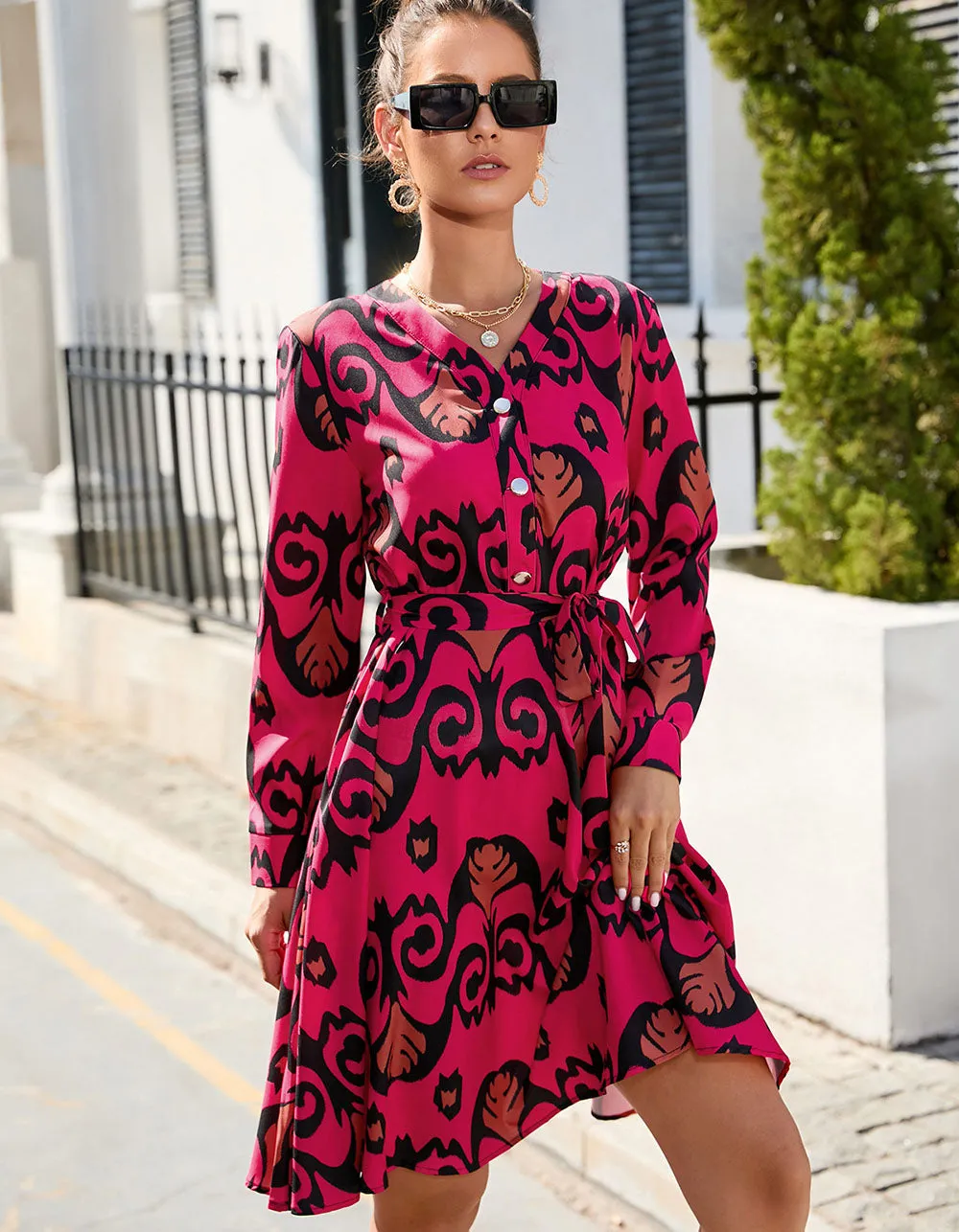 Paisley Printed V Neck Long Sleeve Ruffle Midi A-Line Dresses