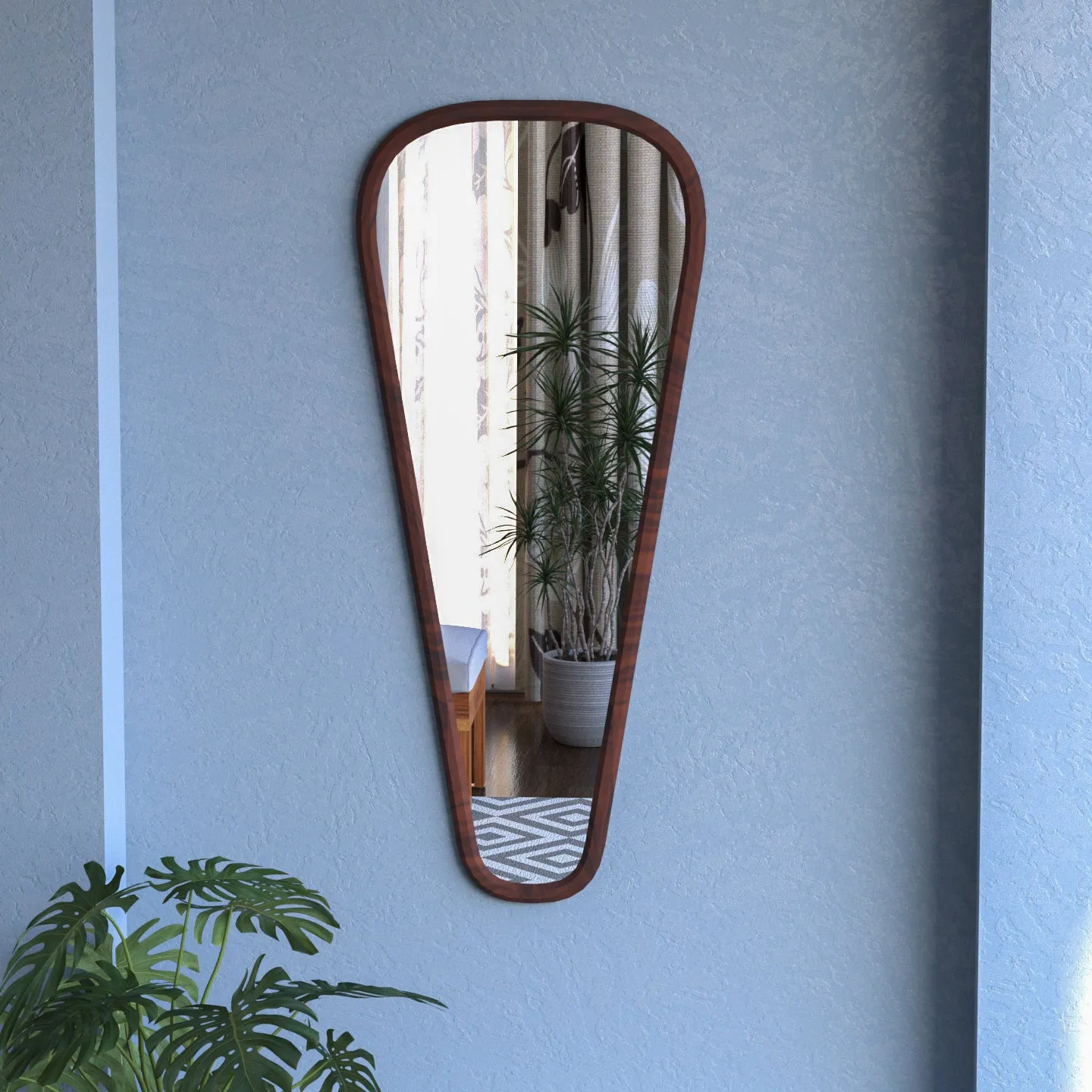 Premium Curved Shaped Thin Border Wood Finish Mirror